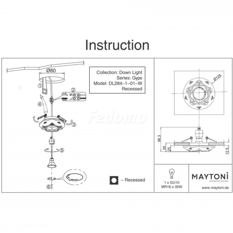 Встраиваемый точечный светильник Maytoni Gyps Classic DL284-1-01-W (220V)