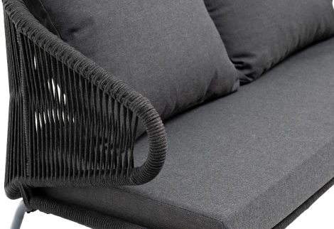 "Милан" диван 2-местный плетеный из роупа, каркас алюминий темно-серый (RAL7024) муар, роуп темно-серый круглый, ткань темно-серая 027 4SIS арт.УТ-00006846