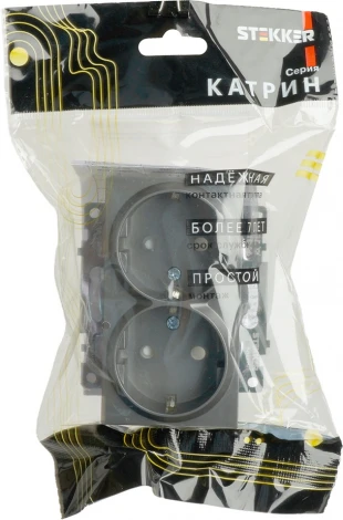 Розетка двойная с заземлением и шторками (графит) Stekker Катрин 49425