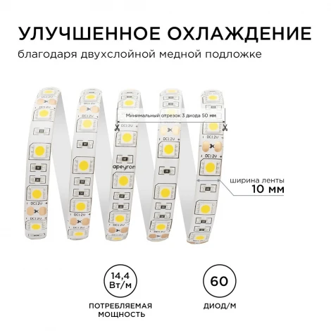 Светодиодная лента 12В СТ 14,4Вт/м SMD5050 60д/м IP65 700Лм/м ширина подложки 10мм, 5м 4000К Apeyron 00-144