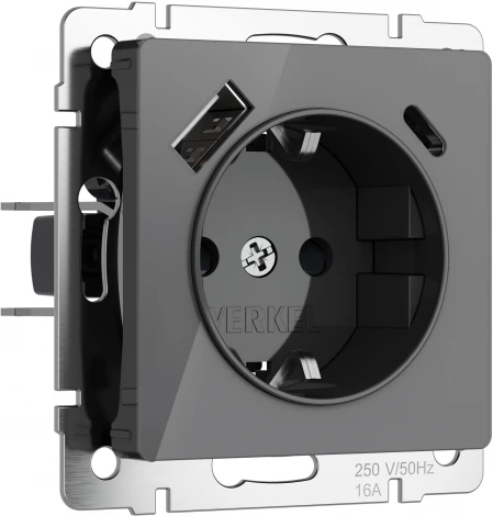Розетка с заземлением,шторками и USB Type A+С (графит акрил) Werkel W1171744 (a064093)