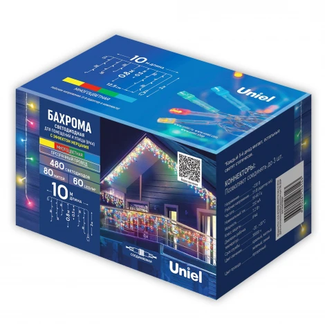 Бахрома светодиодная с эффектом мерцания, 10м. соединяемая, 480 светодиодов, разноцветный свет Uniel ULD-B10008-480/TTK MULTI IP44