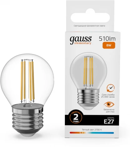 Лампочка светодиодная филаментная Gauss Filament Elementary 52218 Шар 8W 510lm 2700К Е27 LED