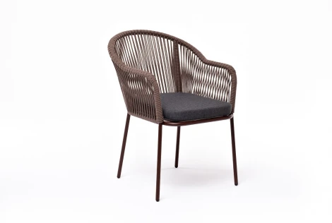 "Лион" стул плетеный из роупа, каркас из стали коричневый (RAL8016) муар, роуп коричневый круглый, ткань бежевая 4SIS арт.УТ-00006951