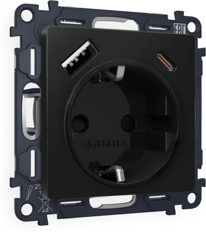 Комплект механизма Ambrella Volt электрической розетки ALFA MA810010 Черный матовый 2USB A+C 20W быстрая зарядка с заземлением и шторками 2P+E 16A-250V QUANT
