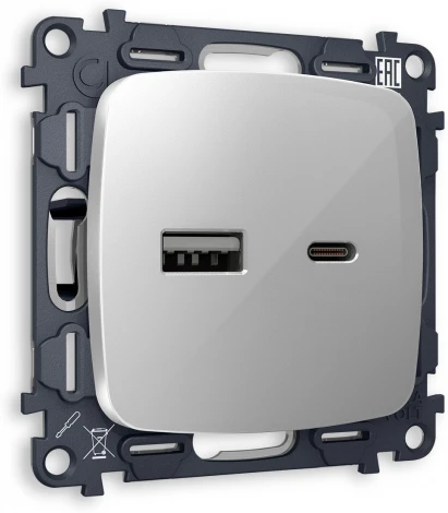 Комплект механизма Ambrella Volt розетки OMEGA MO411010 Серебро глянец 2USB A+C 20W быстрая зарядка QUANT