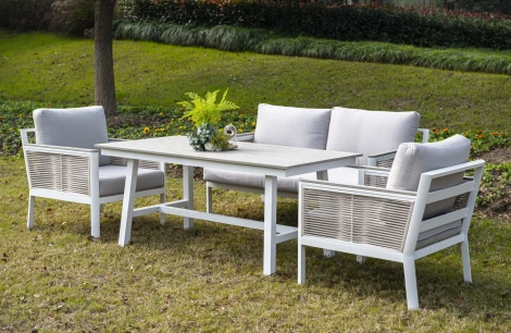 "Сан Ремо" кресло плетеное из роупа садовое, каркас алюминий белый, роуп бежевый, ткань бежевая 4SIS арт.УТ-00000521