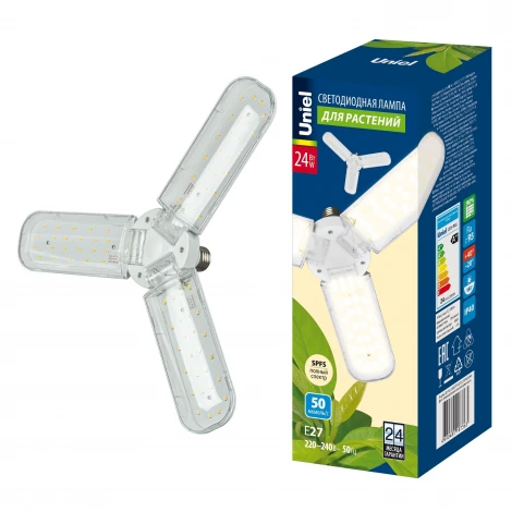 Лампа светодиодная для растений, форма "P" лепестковая, прозрачная, спектр для фотосинтеза с высокой цветопередачей Uniel LED-P65-24W/SPFS/E27/CL/P3 PLP32WH