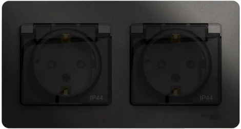 Розетка встраиваемая двойная с заземлением, шторками и крышкой (антрацит) IP44 Systeme Electric Glossa GSL000747
