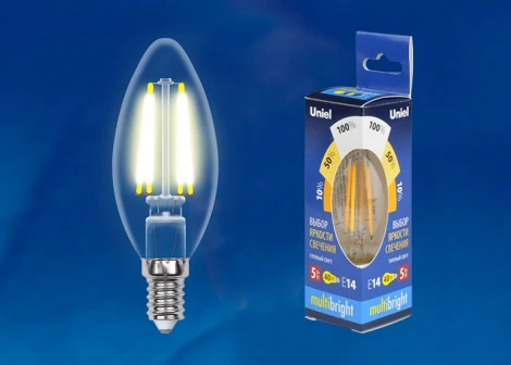 Лампочка светодиодная свеча прозрачная E14 5W 3000K Uniel LED-C35-5W/WW/E14/CL/MB GLM10TR
