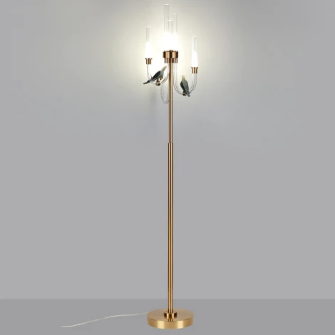 Торшер Odeon Light Lark 5431/12FL золотой(под латунь)/белый градиент/беж./зеленый/ металл/стекло/керамика LED 12W 4000K (220V, выключатель, птички)