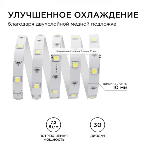 Светодиодная лента 12В СТ 7,2Вт/м SMD5050 30д/м IP20 360Лм/м ширина подложки 10мм, 5м 3000К Apeyron 00-37