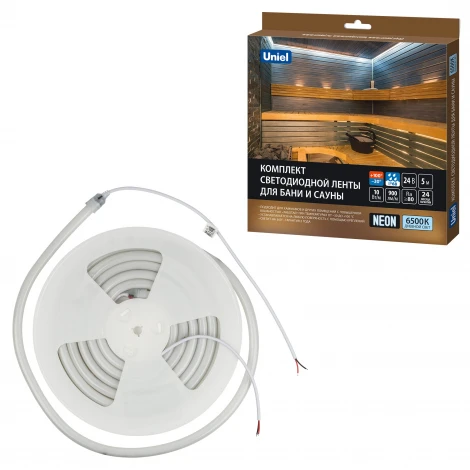 Комплект светодиодной ленты для бань и саун, до +100°С, катушка 5м, 6500К, крепление в/к Uniel Готовое решение ULS-N40-2835-120LED/m-16mm-IP68-DC24V-10W/m-5M-6500K NEON SET01