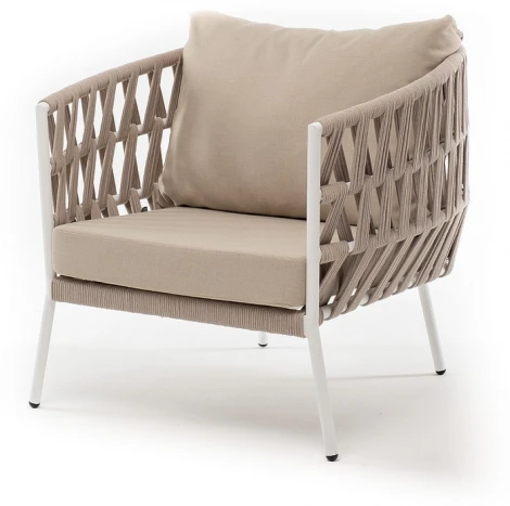 "Диего" кресло плетеное из роупа, каркас алюминий белый муар, роуп бежевый круглый, ткань бежевая 052 4SIS арт.УТ-00008595