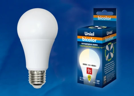 Лампочка светодиодная груша белая E27 9W 3000-4000K Uniel LED-A60-9W/WW+NW/E27/FR PLB01WH