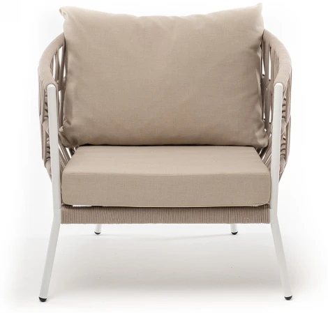 "Диего" кресло плетеное из роупа, каркас алюминий белый муар, роуп бежевый круглый, ткань бежевая 052 4SIS арт.УТ-00008595