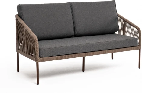 "Канны" диван 2-местный плетеный из роупа, каркас алюминий коричневый (RAL8016) муар, роуп коричневый круглый, ткань темно-серая 027 4SIS арт.УТ-00007799