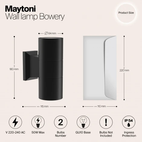Настенный светильник уличный Maytoni Bowery O574WL-02B (220V, IP54)