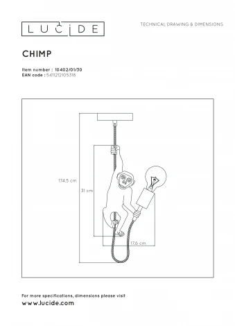 Подвесной светильник Lucide Extravaganza Chimp 10402/01/30 (220V, на проводе, животные)