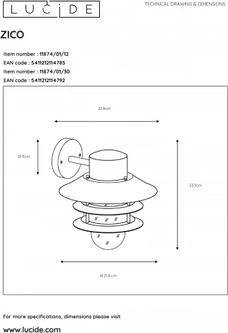Настенный фонарь уличный Lucide Zico 11874/01/30 (220V, IP44)