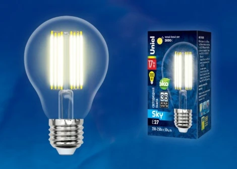Лампочка светодиодная груша прозрачная E27 17W 3000K Uniel LED-A70-17W/3000K/E27/CL PLS02WH