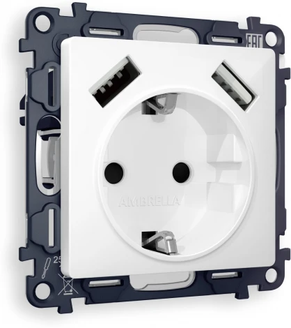 Комплект механизма Ambrella Volt электрической розетки ALFA MA109010 Белый глянец 2USB A+A 18W быстрая зарядка с заземлением и шторками 2P+E 16A-250V QUANT