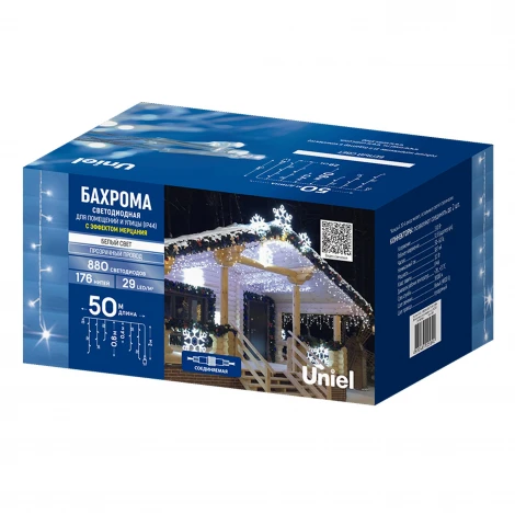Бахрома светодиодная с эффектом мерцания, 50м. соединяемая, 880 светодиодов, белый свет Uniel ULD-B50006-880/TTK WHITE IP44
