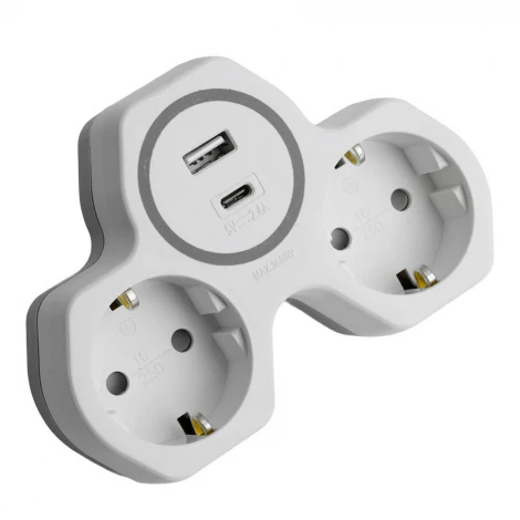 Разветвитель сетевой 2-х местный с заземлением с USB+Type C (белый, серый) Stekker 50071