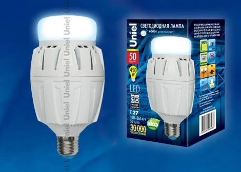 Лампочка светодиодная цилиндр белая E27 50W 6000K Uniel LED-M88-50W/DW/E27/FR ALV01WH
