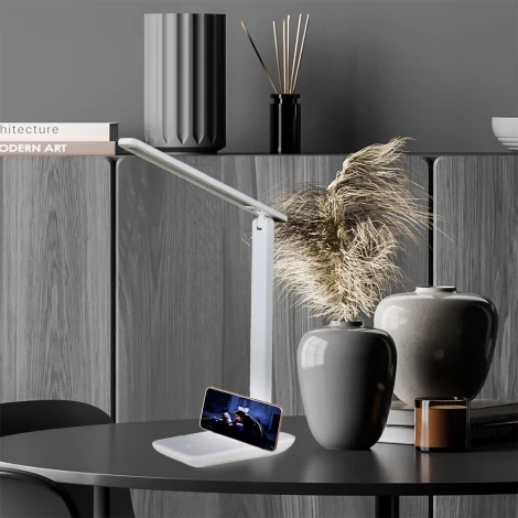 Настольная лампа складываемая Escada Kale 10242/1LED с подставкой для телефона 4Вт, 3000/4000/6000K, пластик, белый (220V, сенсорный выключатель)