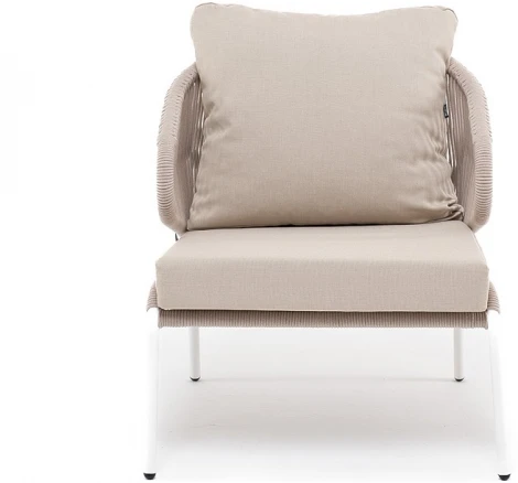 "Милан" кресло плетеное из роупа, каркас алюминий белый муар, роуп бежевый круглый, ткань бежевая 035 4SIS арт.УТ-00006128