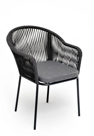 "Лион" стул плетеный из роупа, каркас из стали темно-серый (RAL7024) муар, роуп темно-серый круглый, ткань темно-серая 027 4SIS арт.УТ-00006826