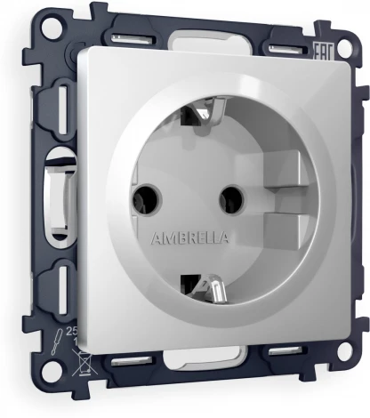 Комплект механизма Ambrella Volt электрической розетки ALFA MA406010 Серебро глянец с заземлением на винтовых зажимах 2P+E 16A-250V QUANT