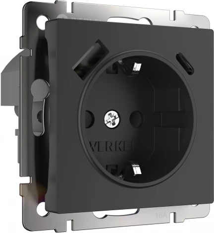 Розетка с заземлением, шторками и USB тип A+C (черный) Werkel W1171708 (a056275)