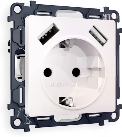 Комплект механизма Ambrella Volt электрической розетки ALFA MA209010 Жемчуг 2USB A+A 18W быстрая зарядка с заземлением и шторками 2P+E 16A-250V QUANT