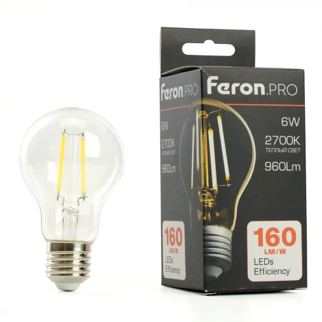 Лампа светодиодная филамент A60 шар 6W 175-265V E27 2700К Feron LB-1106 48889