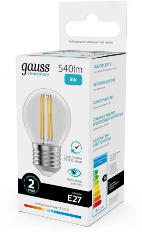 Лампочка светодиодная филаментная Gauss Filament Elementary 52228 Шар 8W 540lm 4100К Е27 LED
