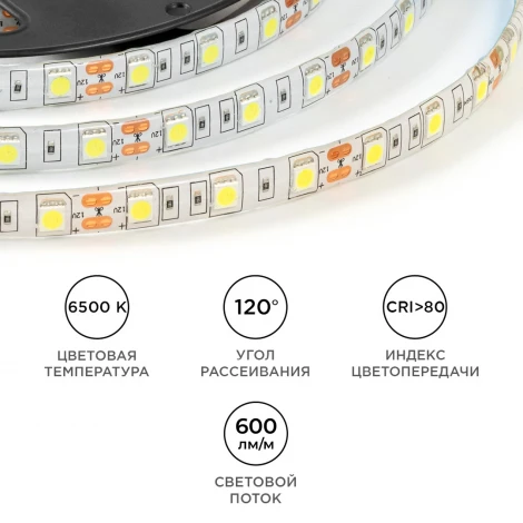 Светодиодная лента 12В 14,4Вт/м 600 лм/м 6500К SMD5050 60д/м IP65 ширина подложки 10мм, 5м OGM LSE-275