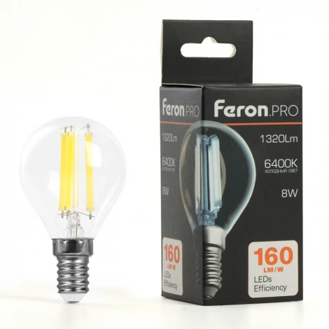 Лампа светодиодная филамент G45 шар 8W 175-265V E14 6400К Feron LB-1708 51261