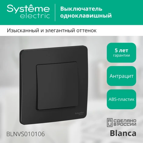 Выключатель встраиваемый одноклавишный (антрацит) Systeme Electric Blanca BLNVS010106