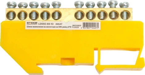 Шина заземления на изоляторе на DIN-рейку 10 выводов (желтый) Stekker 49547