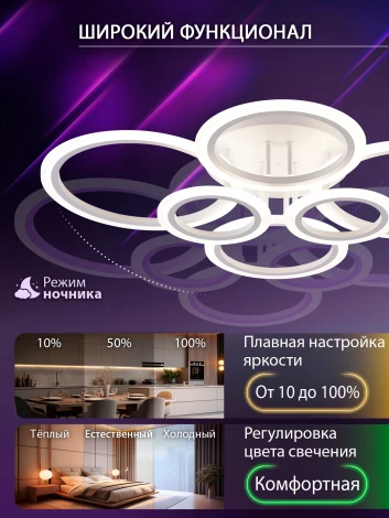 Потолочная люстра светодиодная с пультом ДУ 132W, белый, LED Natali Kovaltseva Home LED LAMPS 81439 (регулировка яркости, 220V, кольцо)