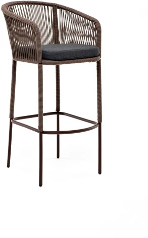 "Марсель" стул барный плетеный из роупа, каркас из стали коричневый (RAL8016) муар, роуп коричневый круглый, ткань темно-серая 027 4SIS арт.УТ-00007111