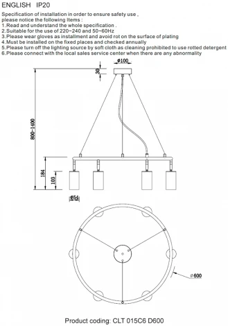 Подвесной светильник Crystal Lux CLT 015 015C6 D600 BL-GO (220V, на тросе, кольцо)