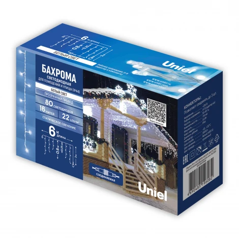 Бахрома светодиодная со статическим свечением, 6м. соединяемая, 80 светодиодов, белый свет Uniel ULD-B6006-080/STK WHITE IP44