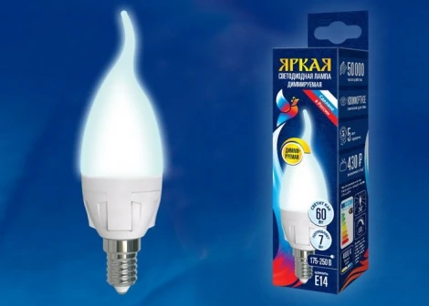 Лампочка светодиодная свеча на ветру белая E14 7W 4000K Uniel LED-CW37 7W/4000K/E14/FR/DIM PLP01WH