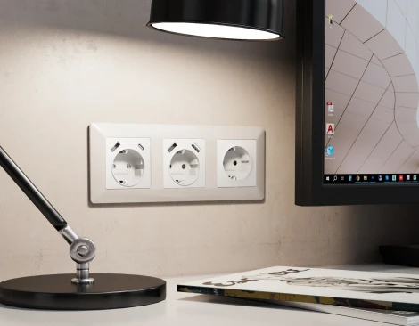 Лицевая панель Ambrella Volt ALFA (Белый матовый) для электрической розетки с/з со шторками 2USB A+A QUANT AP1290