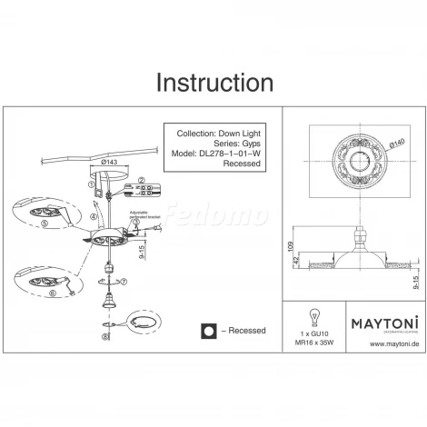 Встраиваемый точечный светильник Maytoni Gyps Classic DL278-1-01-W