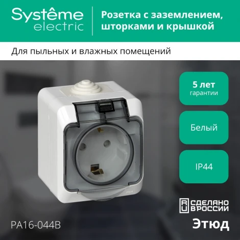 Розетка накладная с заземлением, шторками и крышкой (белый) IP44 Systeme Electric Этюд PA16-044B