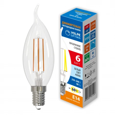 Лампа светодиодная диммируемая, прозрачная, белый свет 4000K Volpe Optima Филамент Dim LED-CW35-6W/4000K/E14/CL/DIM/SLF